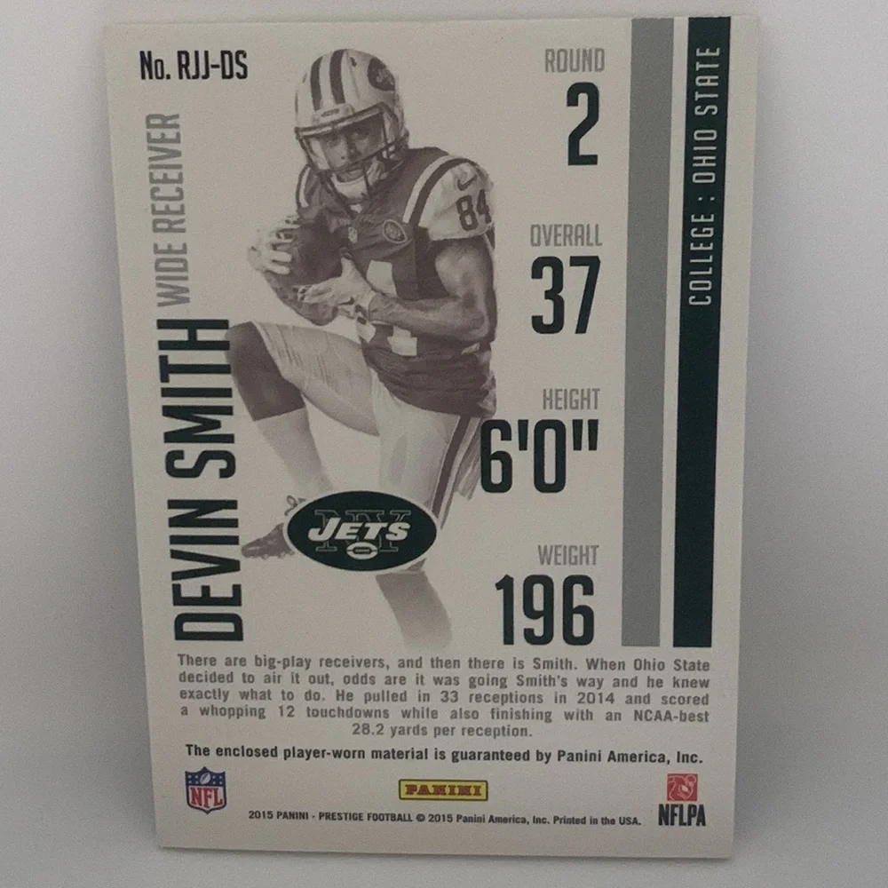 2015 Panini Prestige Rookie Jumbo Jerseys Devin Smith Jets Patches #RJJ-DS (011)